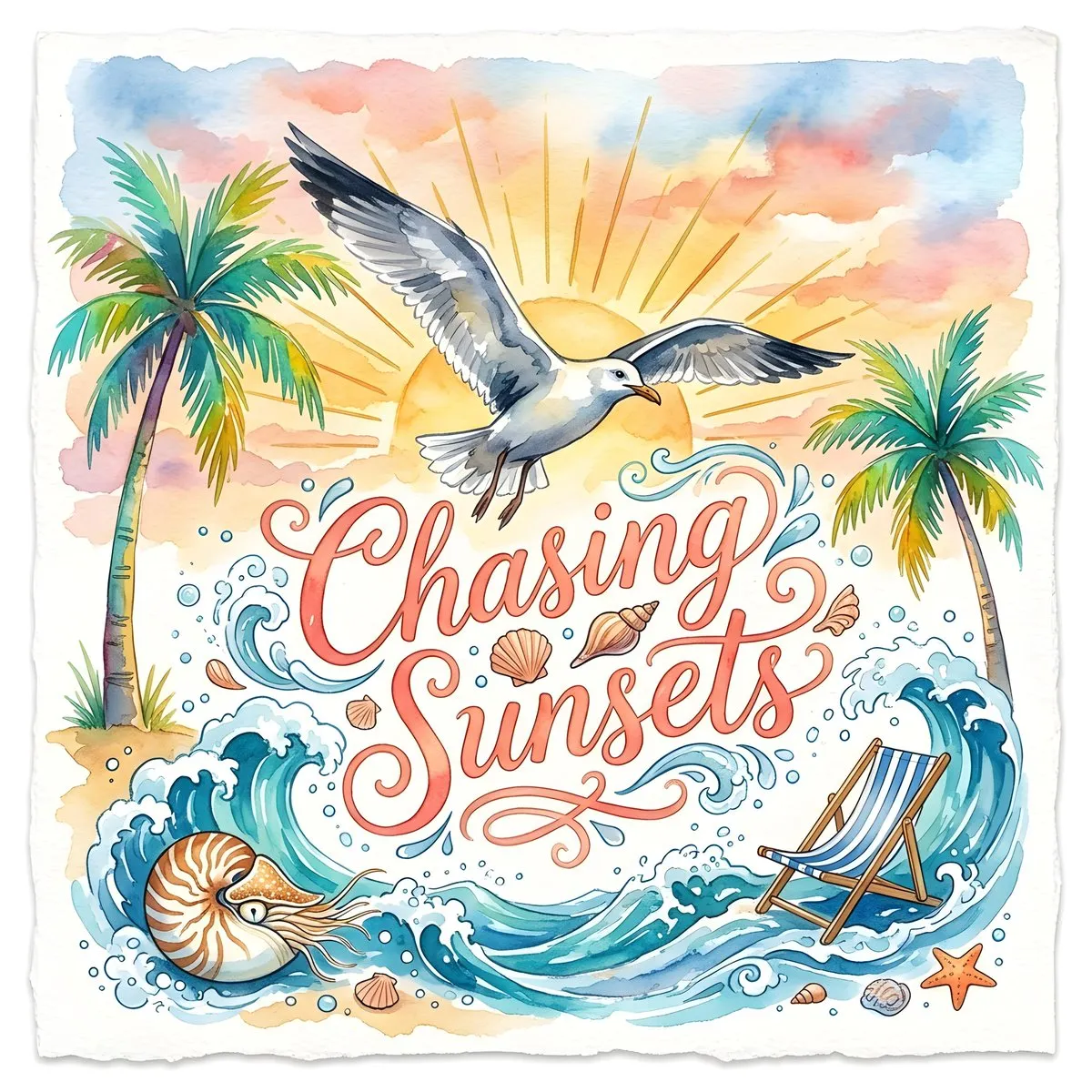 Пример промпта для акварельной сцены с летящей чайкой, надписью Chasing Sunsets и прибрежными деталями.