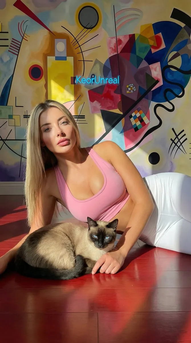 Пример промпта для портрета женщины на красном полу рядом с котом · пример 2