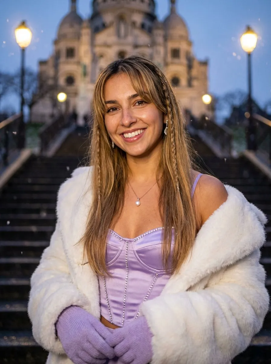 Женщина в лавандовом корсете и белом меховом пальто на ступенях в Париже · пример 2