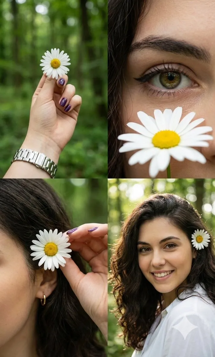 Пример промпта для фотореалистичного коллажа из четырёх сцен с ромашкой.