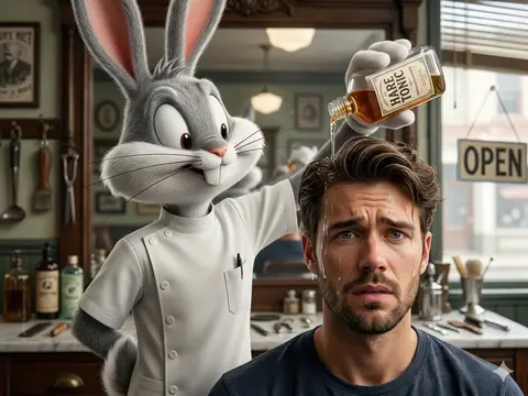 Багз Банни в белой форме льёт жидкость из флакона HARE TONIC на голову мужчины.