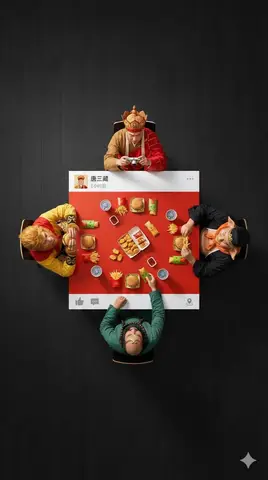 Пример промта для верхней сцены с персонажами вокруг стола в стиле WeChat Moments.