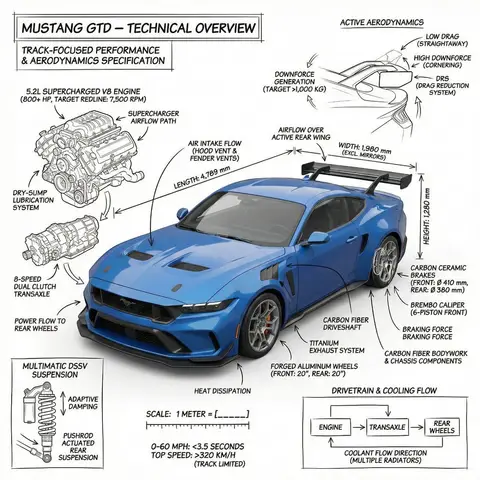 Два технических инфографических постера Mustang GTD и Bugatti с чёрными аннотациями на белом фоне.