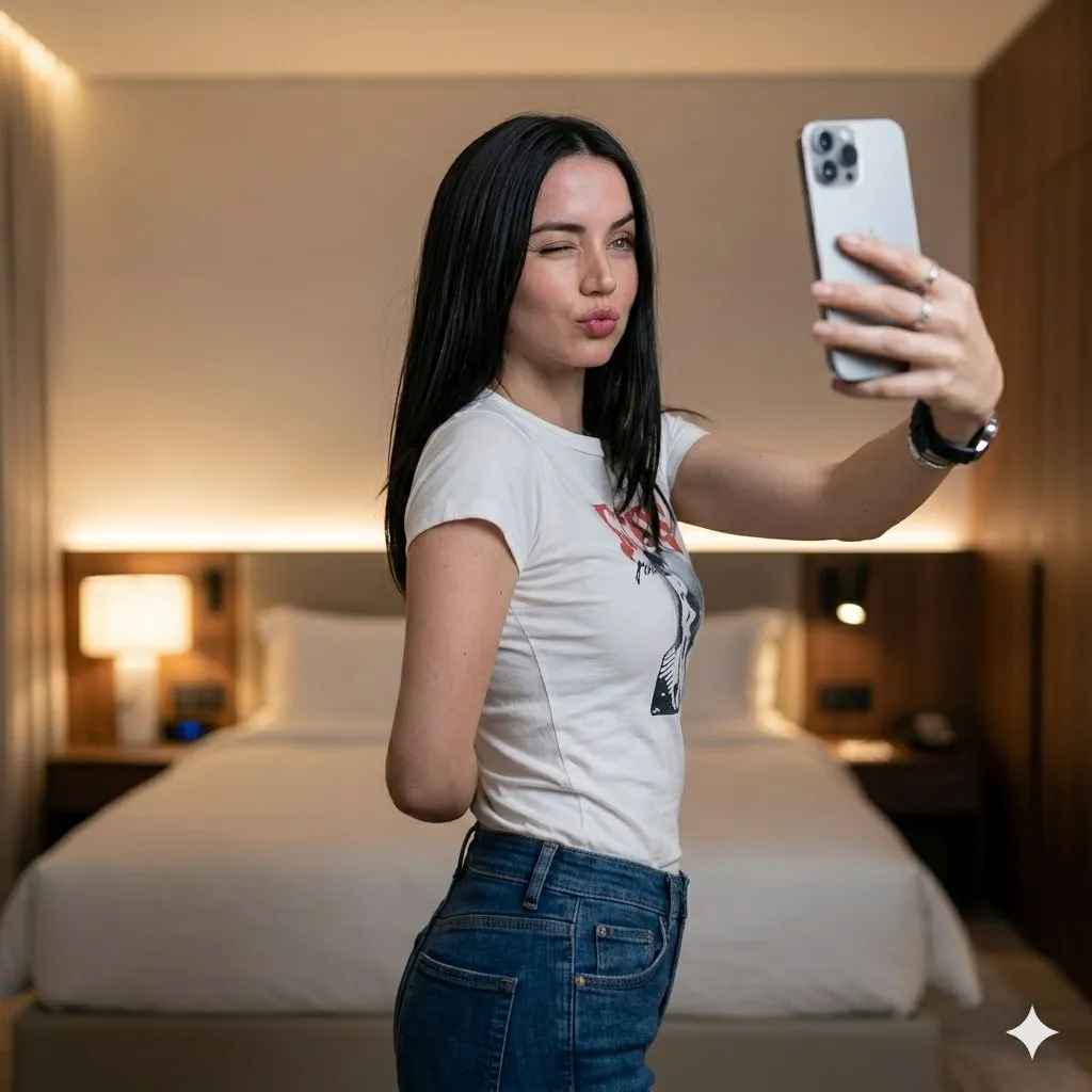 Промпт для фотореалистичного селфи женщины в современной спальне.