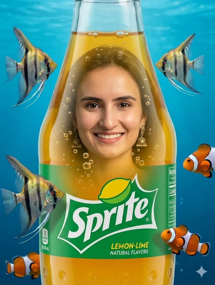 Пример сюрреалистичной подводной композиции с женщиной внутри бутылки Sprite.