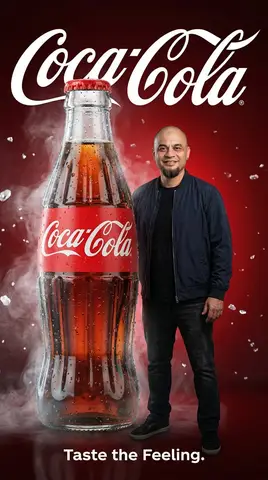 Мужчина в тёмной одежде стоит рядом с огромной холодной бутылкой Coca-Cola.