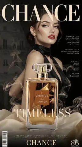 Пример глянцевой обложки журнала с флаконом CHANCE Parfum и надписью TIMELESS.