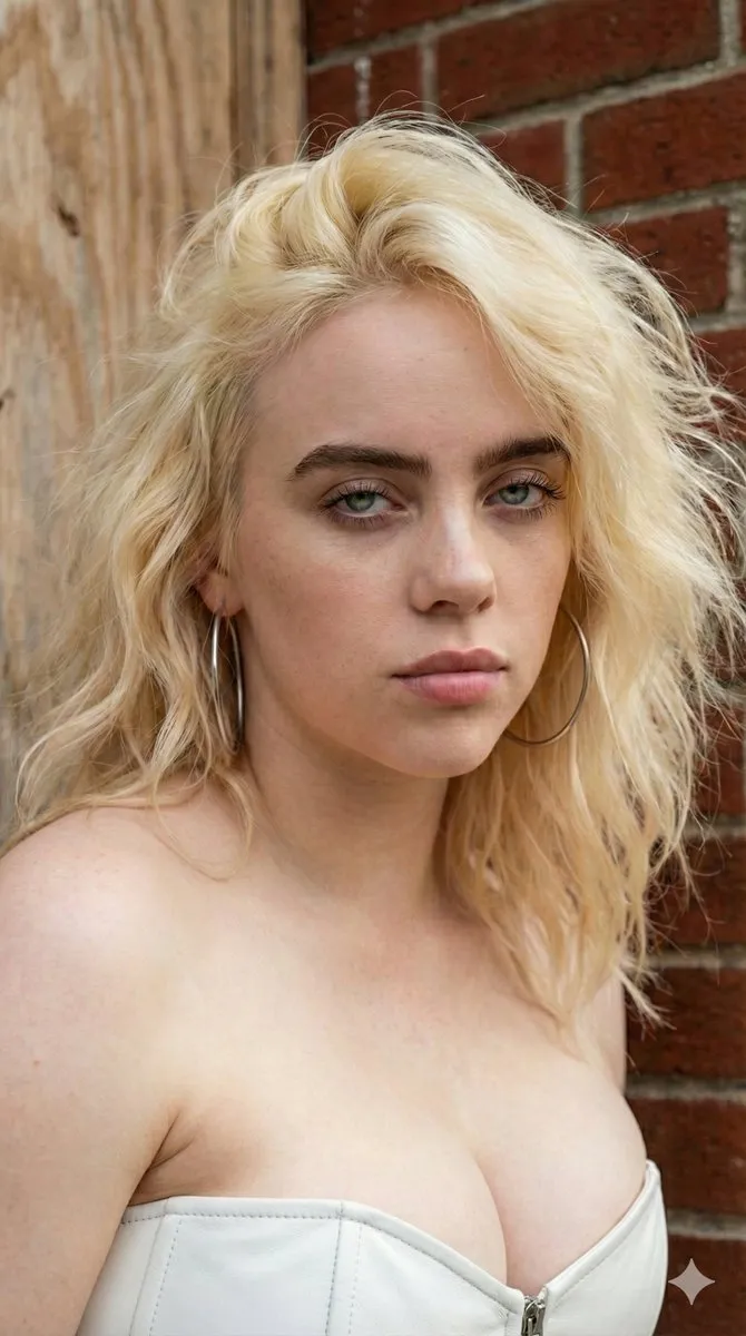 Пример промта для Billie Eilish в белом кожаном топе у кирпичной стены. · пример 1