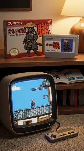 Коробка игры Famicom, картридж, инструкция и экран игры с персонажем исходного изображения.