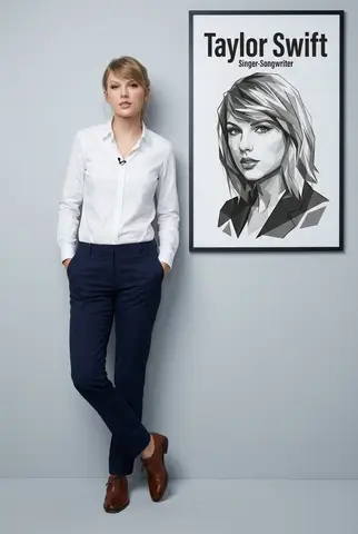 Taylor Swift в деловой одежде стоит у стены с векторным портретом и подписями.