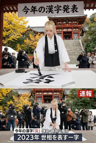Главный жрец храма Kiyomizu-dera пишет кандзи года в вертикальном новостном кадре.