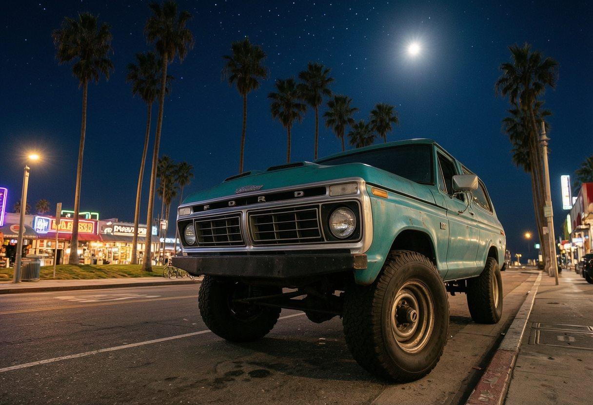 Винтажный бирюзовый Ford Bronco припаркован под лунным светом среди пальм