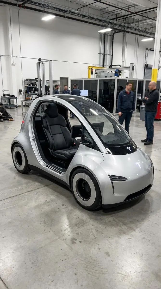 Пример промпта для фотореалистичного одноместного прототипа Tesla на инженерной площадке. · пример 3
