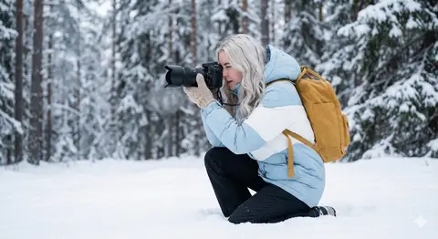 Женщина в зимней парке на коленях фотографирует заснеженный лес; на спине у неё жёлтый рюкзак.