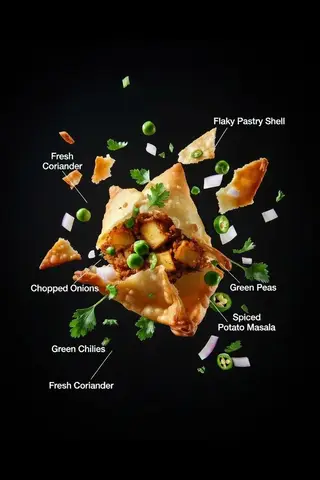 Разломанная самоса с картофельной начинкой окружена парящими горошком, луком, кориандром и перцем чили.