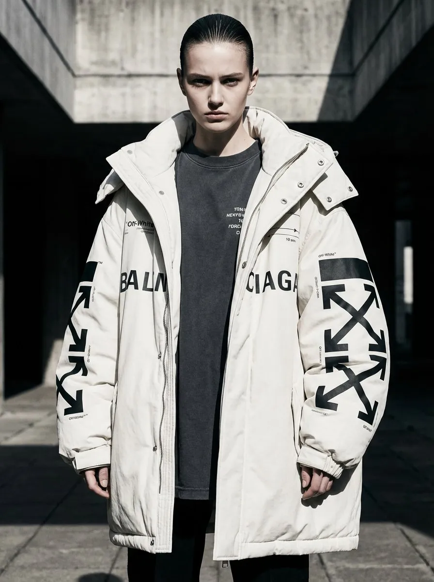 Молодая женщина в намеренно объёмной куртке Off-White × Balenciaga