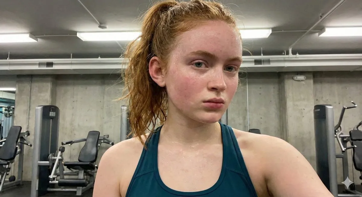 Sadie Sink после тренировки делает селфи в спортзале: рыжие волосы собраны в хвост, кожа покрыта потом. · пример 2