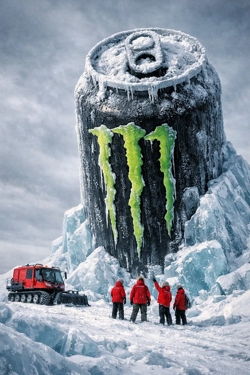 Пример JSON-промта с гигантской банкой Monster Energy на арктическом снегу. · пример 1