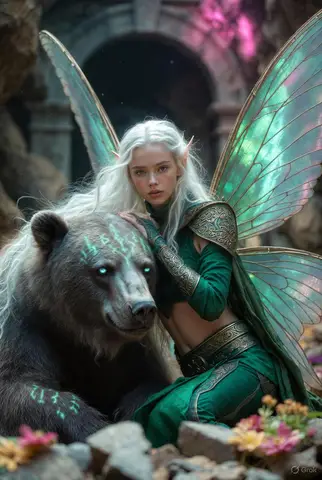 Женщина-фея с крыльями бабочки сидит рядом с огромным медведем в пещере