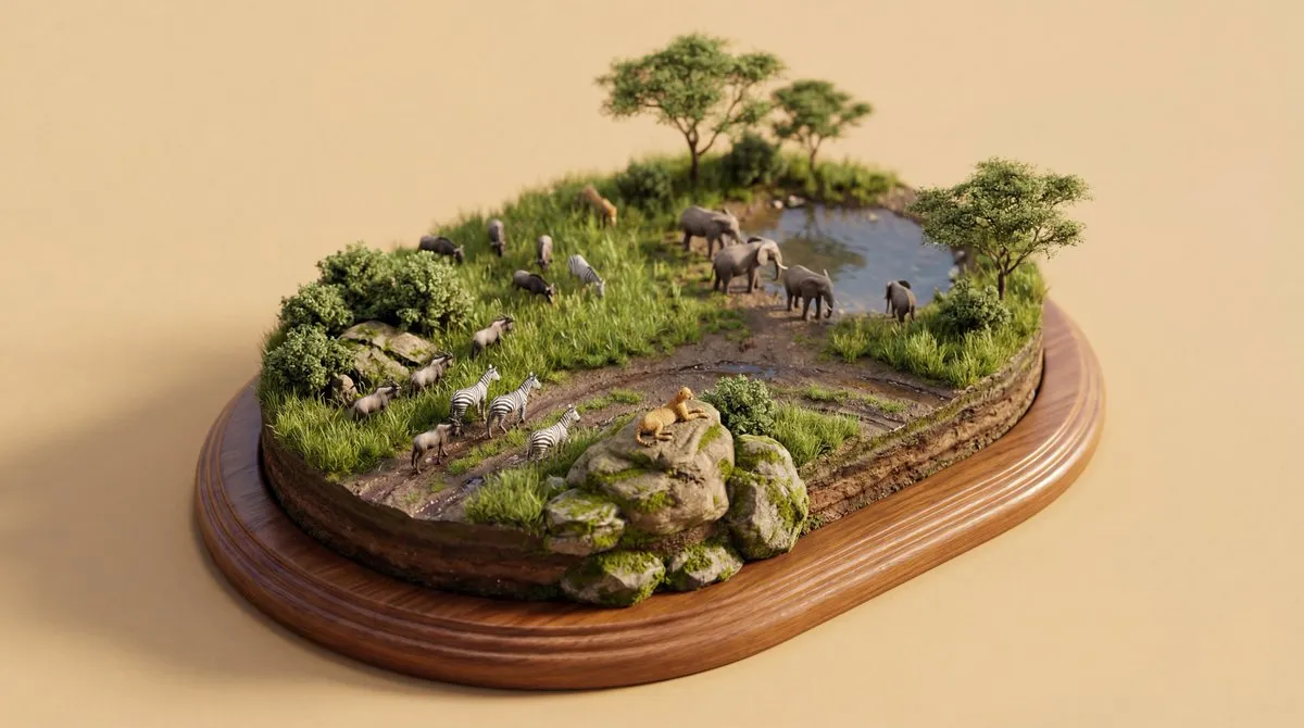 Изометрическая 3D-диорама природной среды с растениями, водой, камнями и животными. · пример 4