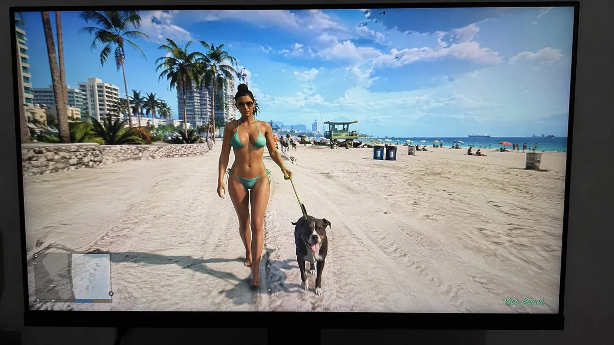 Пример реалистичного кадра GTA 6 на мониторе с персонажем и собакой на пляже. · пример 2