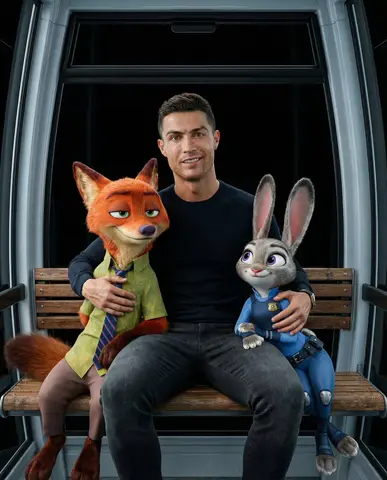 Промпт для сцены с Cristiano Ronaldo, Nick Wilde и Judy Hopps в стеклянной кабине.