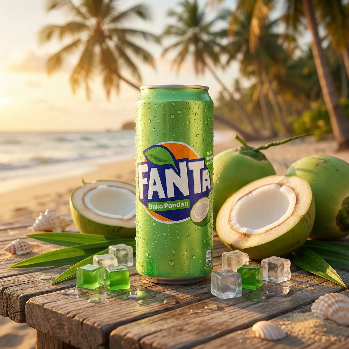 Пример рекламного промпта с холодной банкой FANTA на деревянном столе у океана. · пример 4