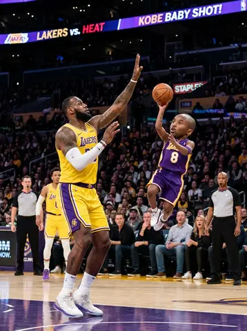 Промт для сцены NBA, где Коби в стиле тиби бросает мяч против Леброна Джеймса.