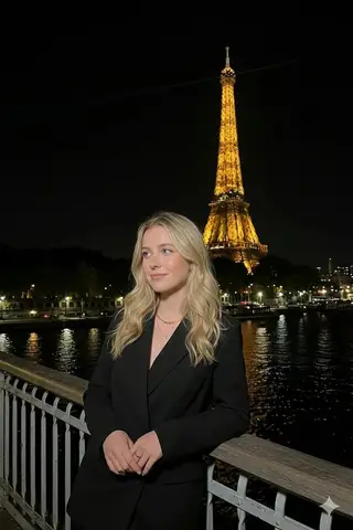 Пример промта для ночного портрета женщины у Сены с подсвеченной Эйфелевой башней.
