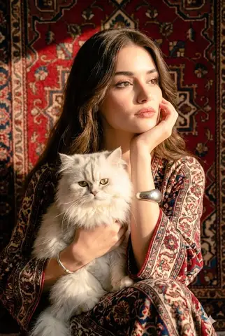 Пример к промпту для портрета девушки с кошкой на фоне персидского ковра.