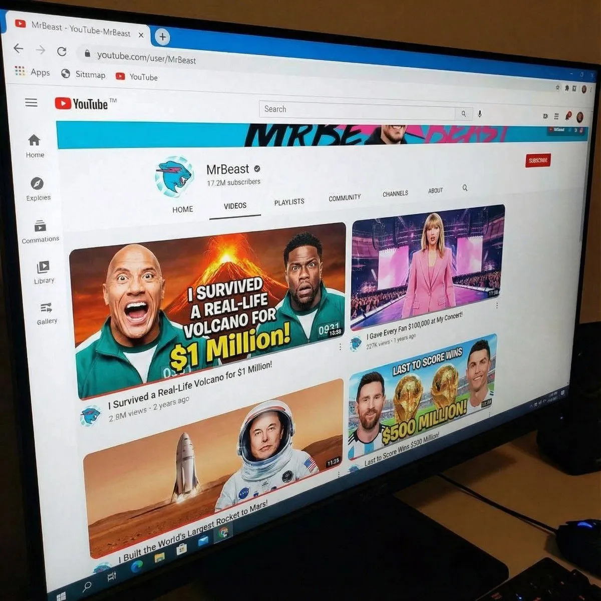 Макет страницы канала YouTube в оформлении MrBeast с заменёнными тематическими обложками видео. · пример 2