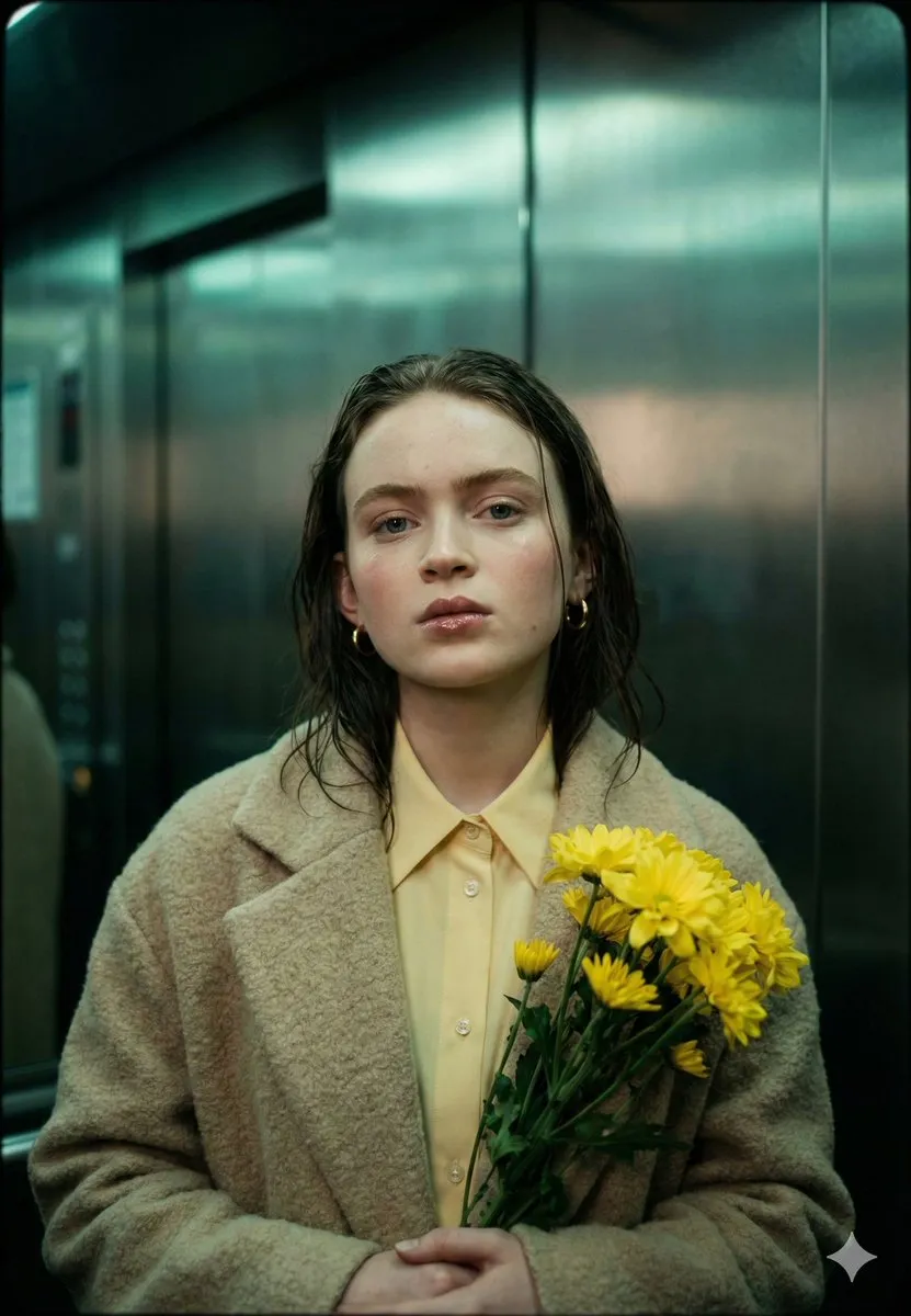 Sadie Sink стоит в лифте с букетом жёлтых цветов; мягкий холодный свет подчёркивает задумчивое выражение. · пример 2