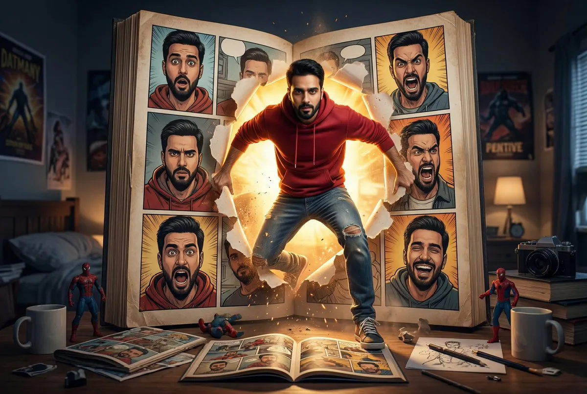 Текстовый промпт для сцены, где персонаж выходит из комикса. · пример 2