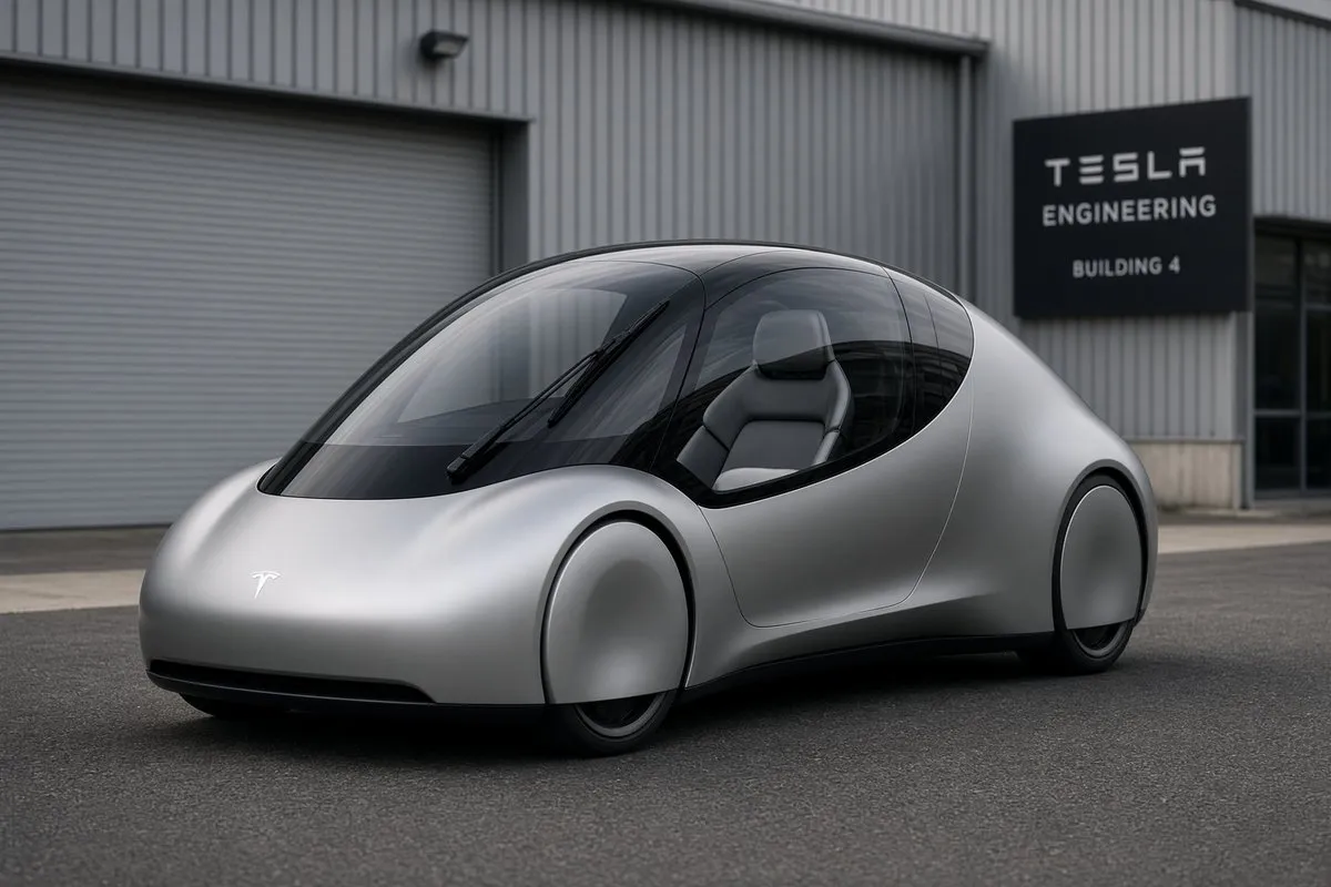 Пример промпта для фотореалистичного одноместного прототипа Tesla на инженерной площадке. · пример 2