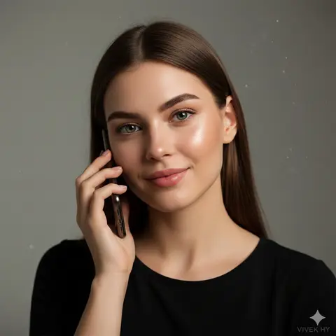 Молодая женщина с телефоном у щеки говорит по телефону в мягко освещённой студии.