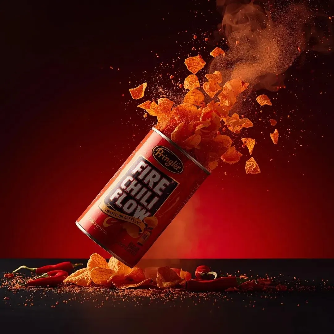 Банка Pringler Fire Chili Flow наклонена в воздухе, из неё вылетают чипсы и частицы специй. · пример 3