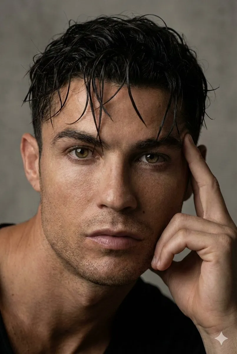 Пример промпта для гиперреалистичного портрета Cristiano Ronaldo крупным планом. · пример 2