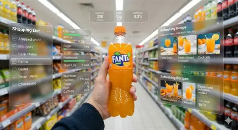 Рука держит бутылку Fanta среди голографических данных в супермаркете