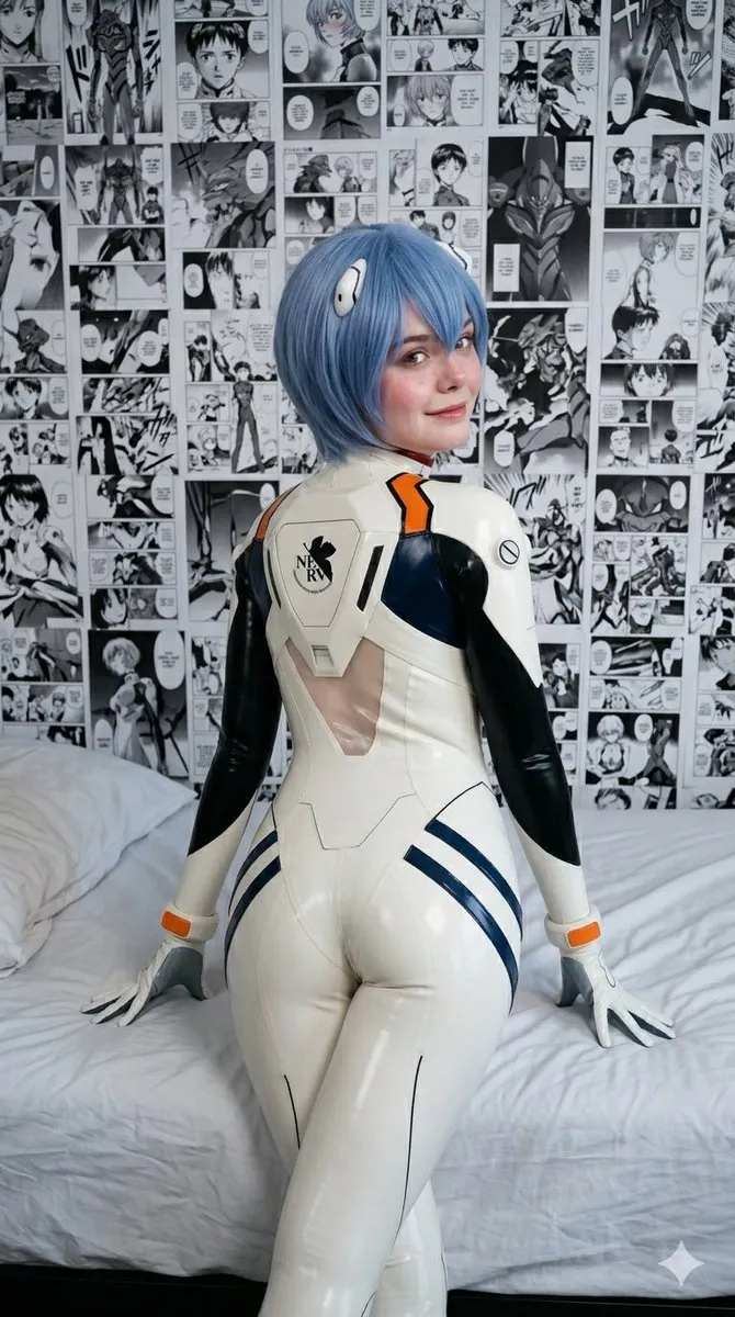 Пример портрета в косплее Rei Ayanami с манга-панелями на стене. · пример 4