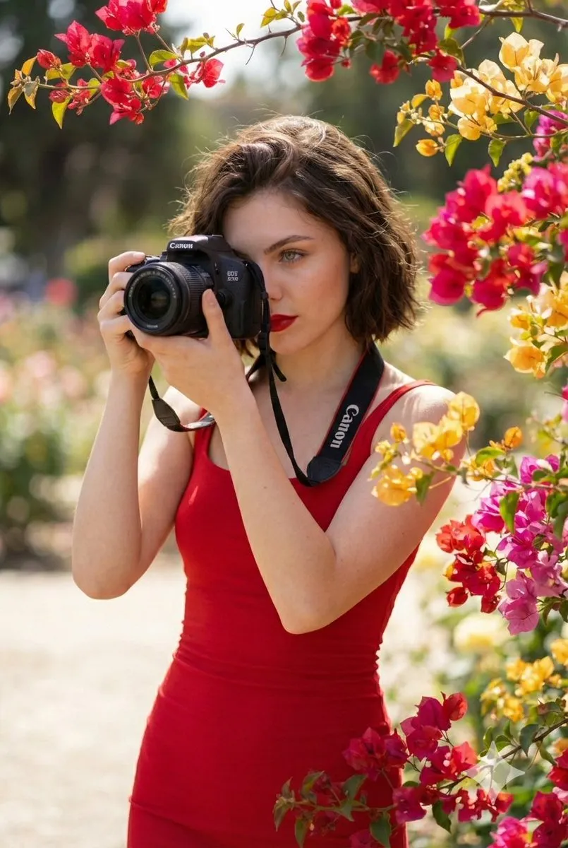 Женщина в красном платье держит фотоаппарат Canon в ярком кинематографичном уличном портрете. · пример 3