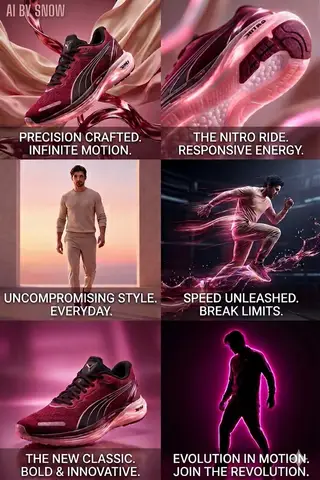 Пример серии рекламных сцен с кроссовками Puma Nitro и светящейся подошвой.
