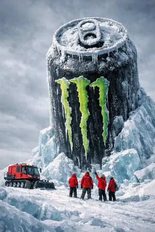 Пример JSON-промта с гигантской банкой Monster Energy на арктическом снегу.