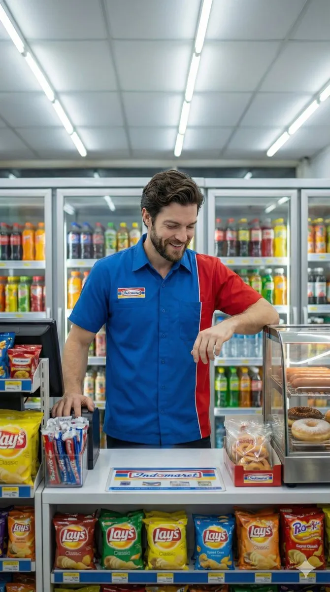 Пример продавца в синей и красной рубашке-поло за прилавком магазина. · пример 2