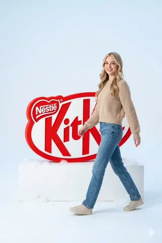 Промпт для рекламного кадра с женщиной и логотипом KitKat.