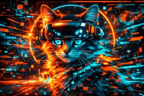 Пример промпта для кибер-кота в виртуальной среде с эффектами глитч-арта.