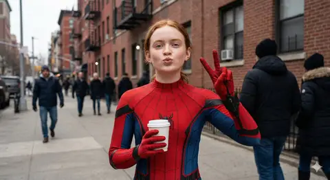 Промпт для портрета женщины в костюме Spider-Man на улице Нью-Йорка.