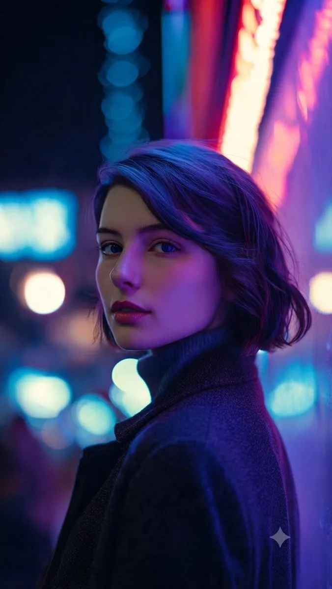 Пример промпта для кибернуарного портрета среди неоновых огней · пример 4