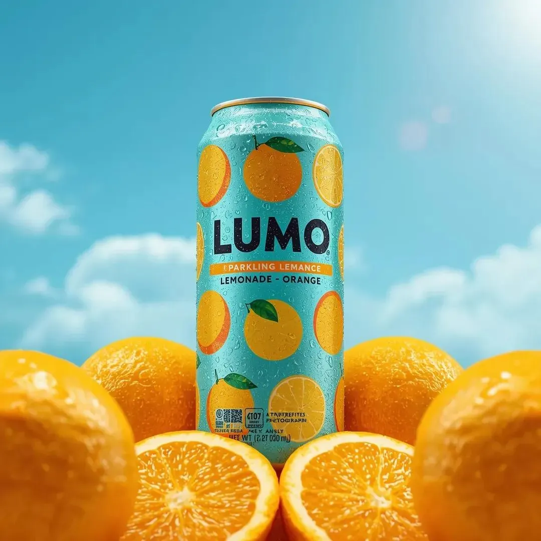 Текстовый промпт для рекламной фотографии банки LUMO с апельсинами. · пример 4