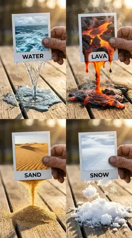 Сетка 2x2 с водой, лавой, песком и снегом, выливающимися из рамок фотографий на дерево.