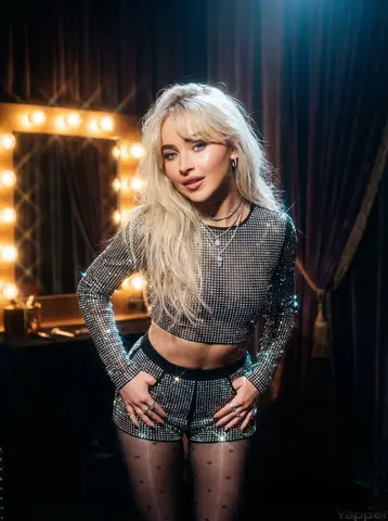 Пример сценического портрета Sabrina Carpenter в гримёрке с зеркалом и лампами.